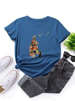 Women Cartoon Girl   Cat Print O  Neck Short Sleeve Casual T  Shirts