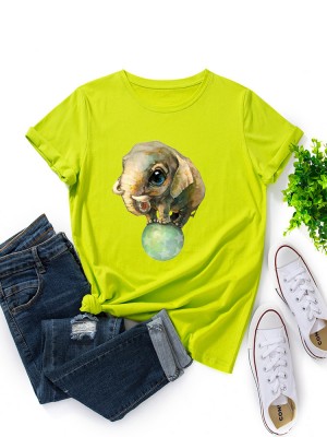 Women Cute Cartoon Elephant Graphic Print Multi  Color O  Neck Short Sleeve Casual T  Shirt