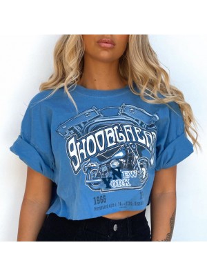 Retro shoulder pad motorcycle print dopamine short top HF2402-03-03