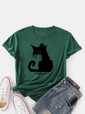 Women Cartoon Cat Print Round Neck Casual Short Sleeve T  Shirts