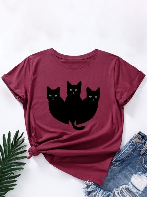 Women Black Cats Print O  Neck Multicolor Casual Short Sleeve T  Shirt