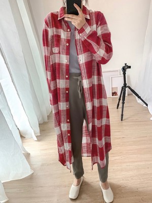 Women Plaid Commute Business Outer wear Bottom Down Front Loose Shirt Dress Cardigans