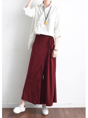 2019 autumn original design literary retro tie irregular wide leg casual burgundy pants