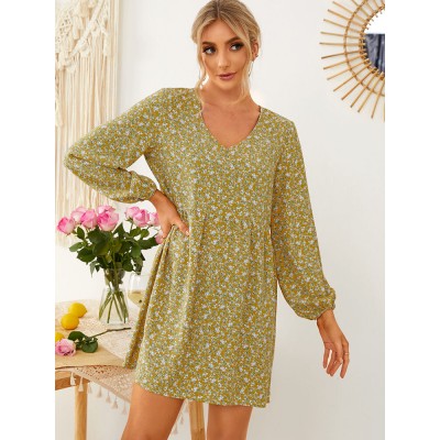 Ditsy Floral V  Neck Ruched Regular Fit Long Sleeve Dress