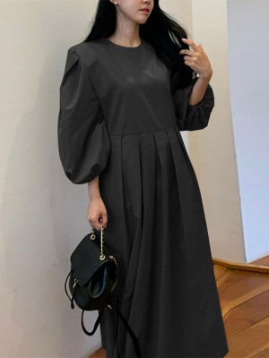 Pleat Solid Puff Sleeve Round Neck Midi Dress