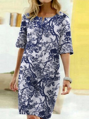 Plant Print Half Open Collar Half Sleeve Midi Dress