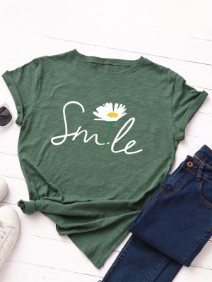 Women Smile Daisy Print Multicolor O  Neck Short Sleeve Casual T  Shirt