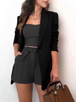 Women Solid Korean Business Style Simple V  Neck Button Cardigan