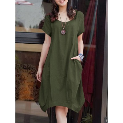 Solid Pocket Ruched Round Neck Short Sleeve Midi Dress